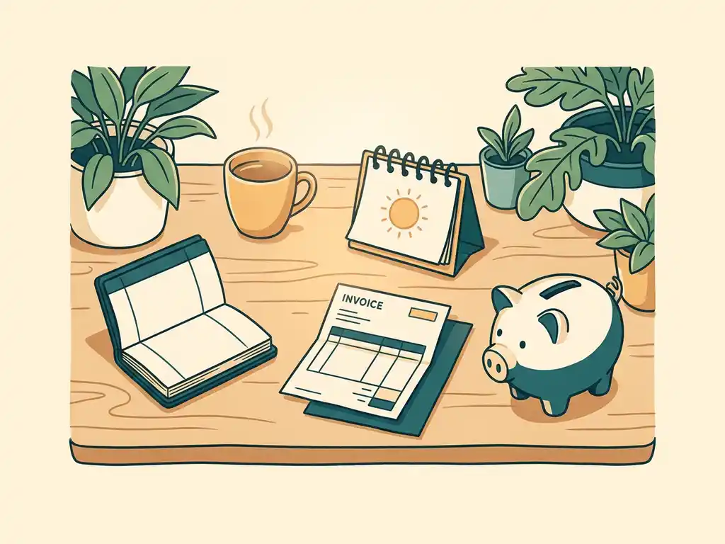 Bovenaanzicht van een houten bureau met een kasboek, factuur, kalender en spaarpot tussen groene planten en een koffiekopje.