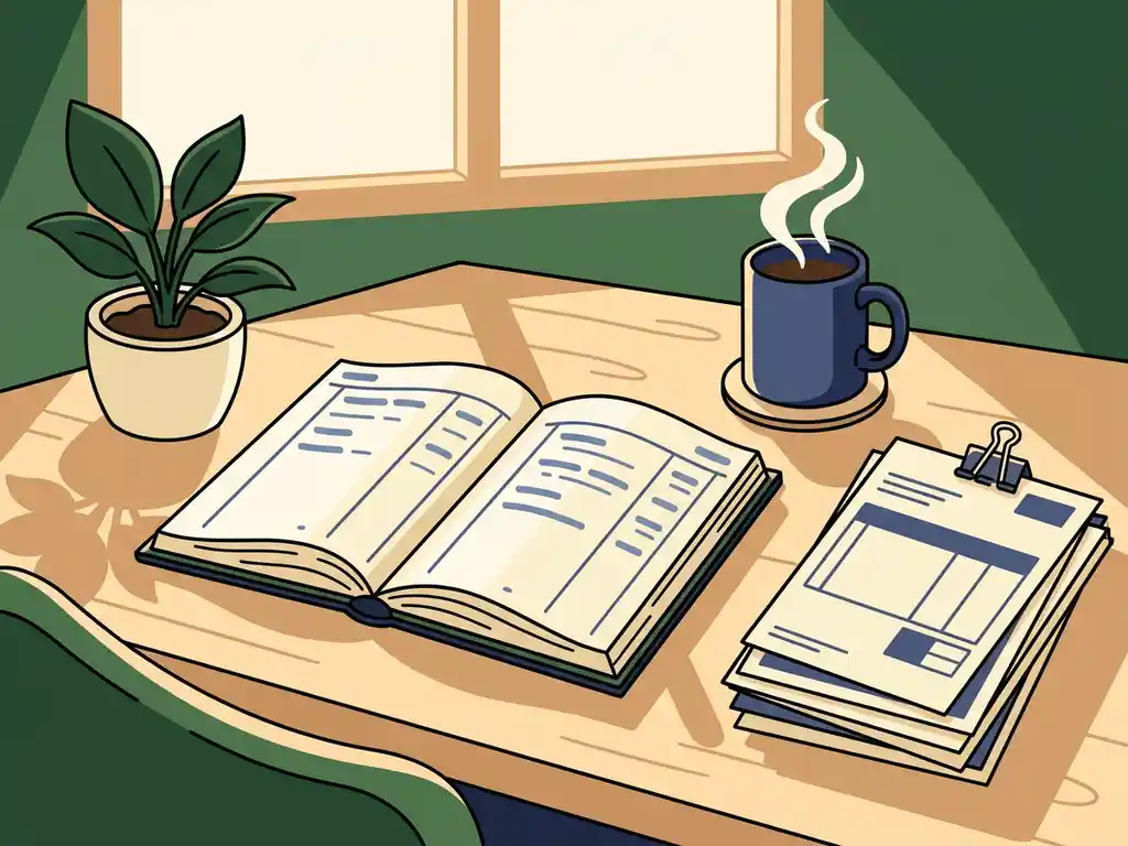 Houten bureau met opengeslagen kasboek, stapel facturen, kamerplant en dampende koffie in warm ochtendlicht.