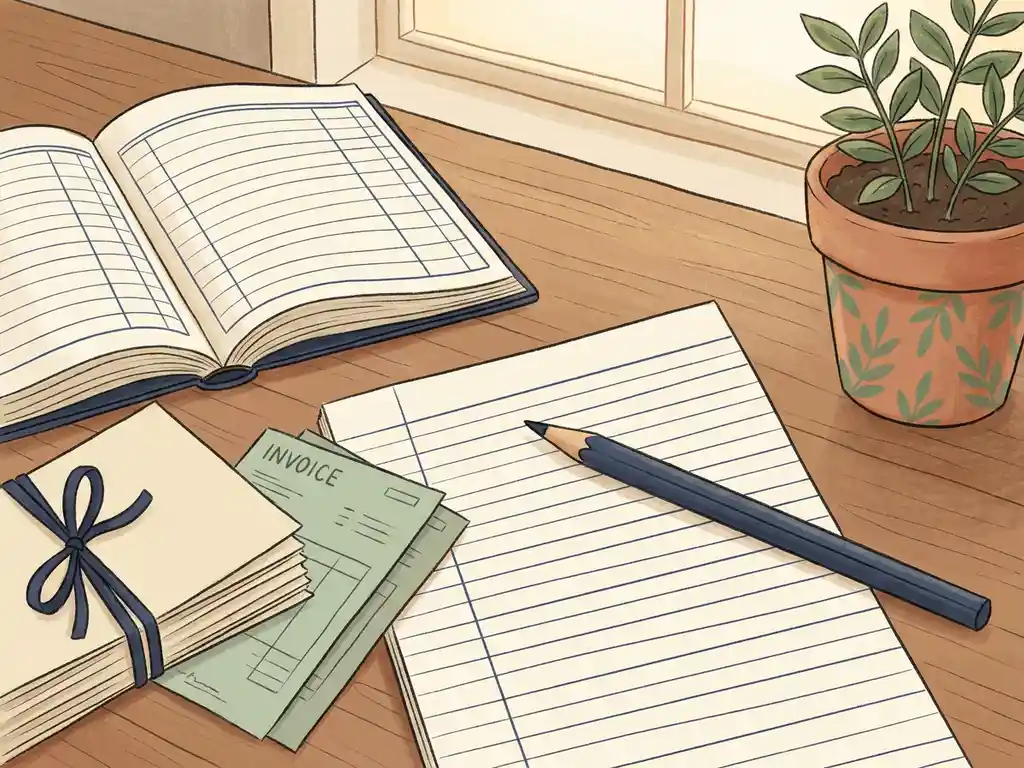 boekhouding-bureau-facturen-notitieboek-plant.jpg Houten bureau met opengeslagen grootboek, facturen, een potlood op een gelinieerd notitieboek en een kleine kamerplant.