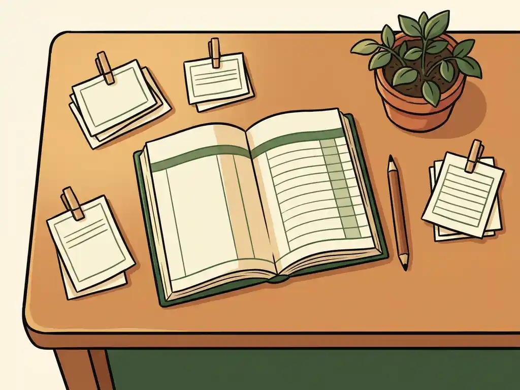 boekhouden-bureau-facturen-plant-kantoor.jpg Houten bureau van bovenaf met opengeslagen kasboek, facturen, potlood en kamerplant in warme crème- en groentinten.
