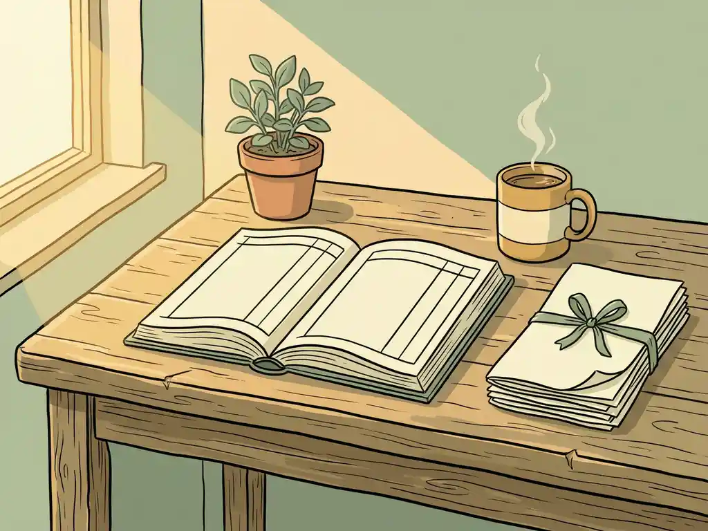 Houten bureau met opengeslagen kasboek, potplant, dampende koffie en stapel financiële rapporten in warm ochtendlicht.