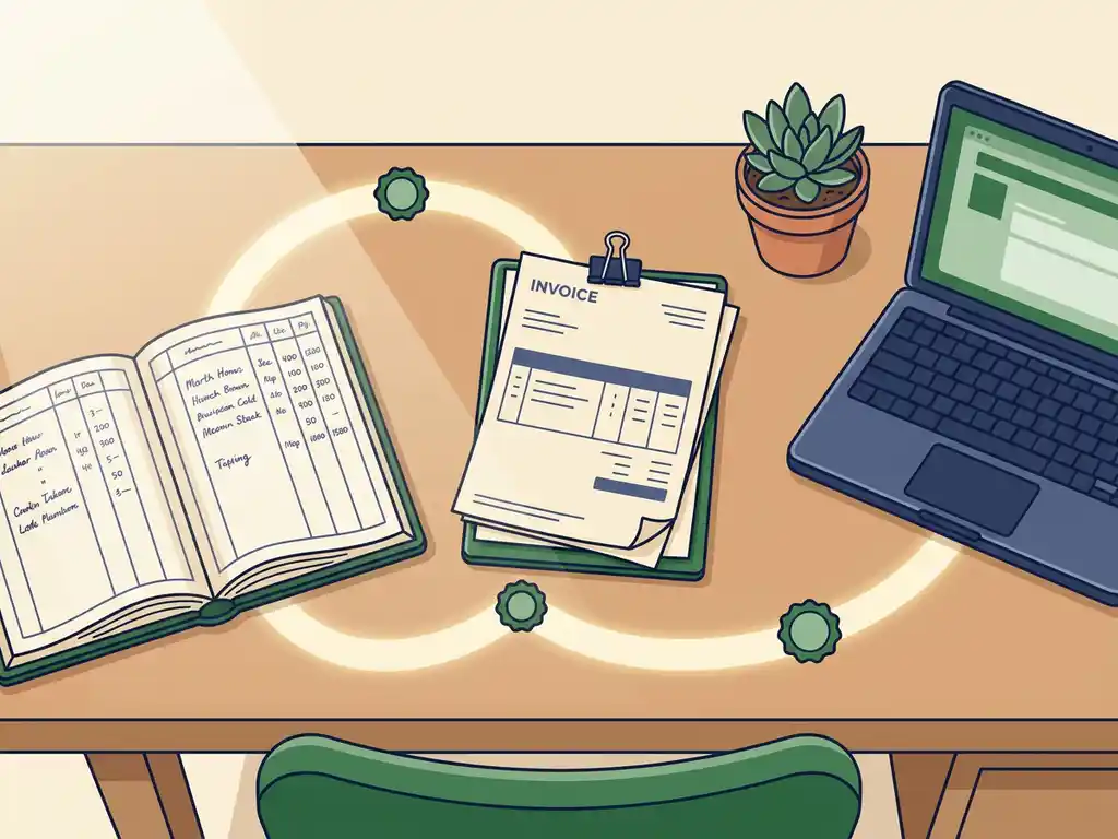 Houten bureau met opengeslagen grootboek, georganiseerde facturen en laptop verbonden door drie stappen-iconen, illustratie in warm groen en crème.