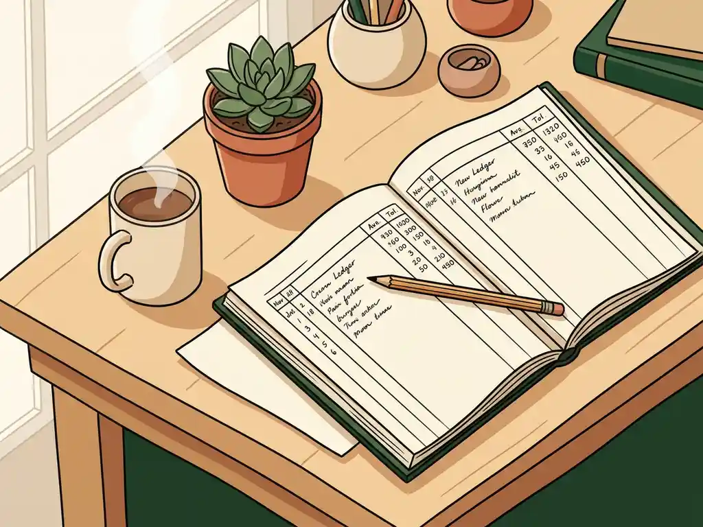 Bovenaanzicht van een houten bureau met opengeslagen kasboek, potlood, dampende koffiemok en kleine vetplant in warm natuurlijk licht.