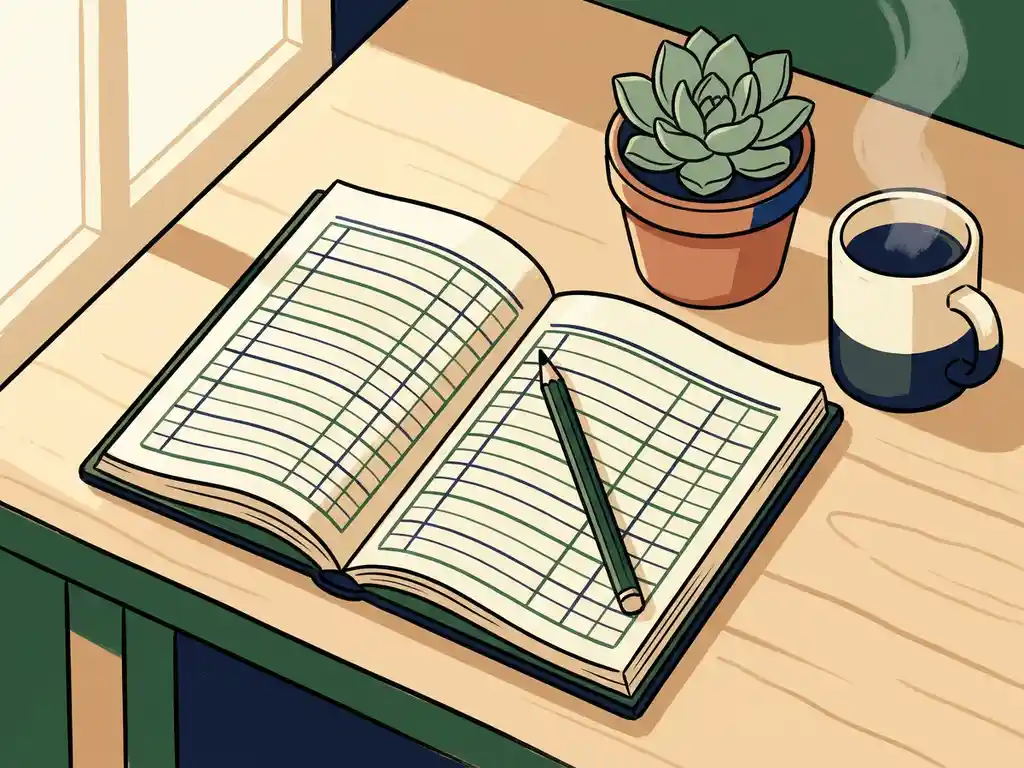 Houten bureau met open grootboek, potlood, vetplant en koffiekop in warm ochtendlicht, handgetekende illustratiestijl.