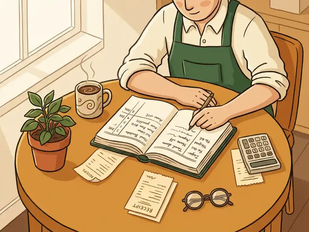Ondernemer aan houten bureau met georganiseerd kasboek, rekenmachine, bonnetjes, koffie en plant in warm natuurlijk licht.