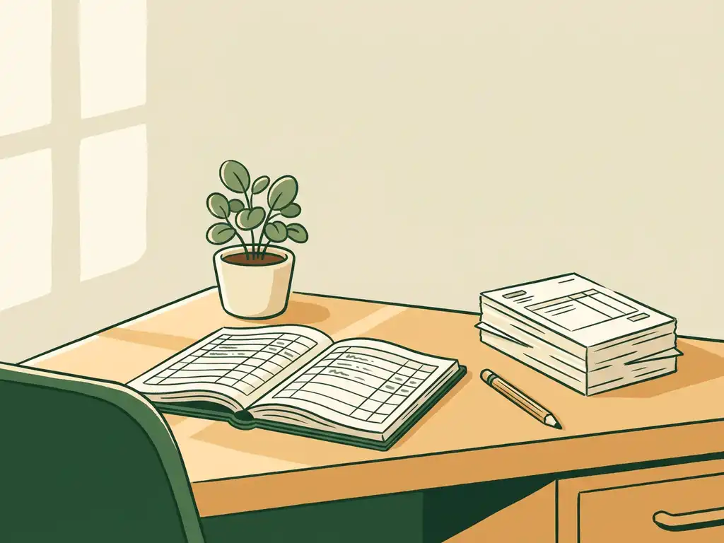 Nette houten bureau met opengeslagen kasboek, potplant, potlood en stapel facturen in warme, vlakke illustratiestijl.