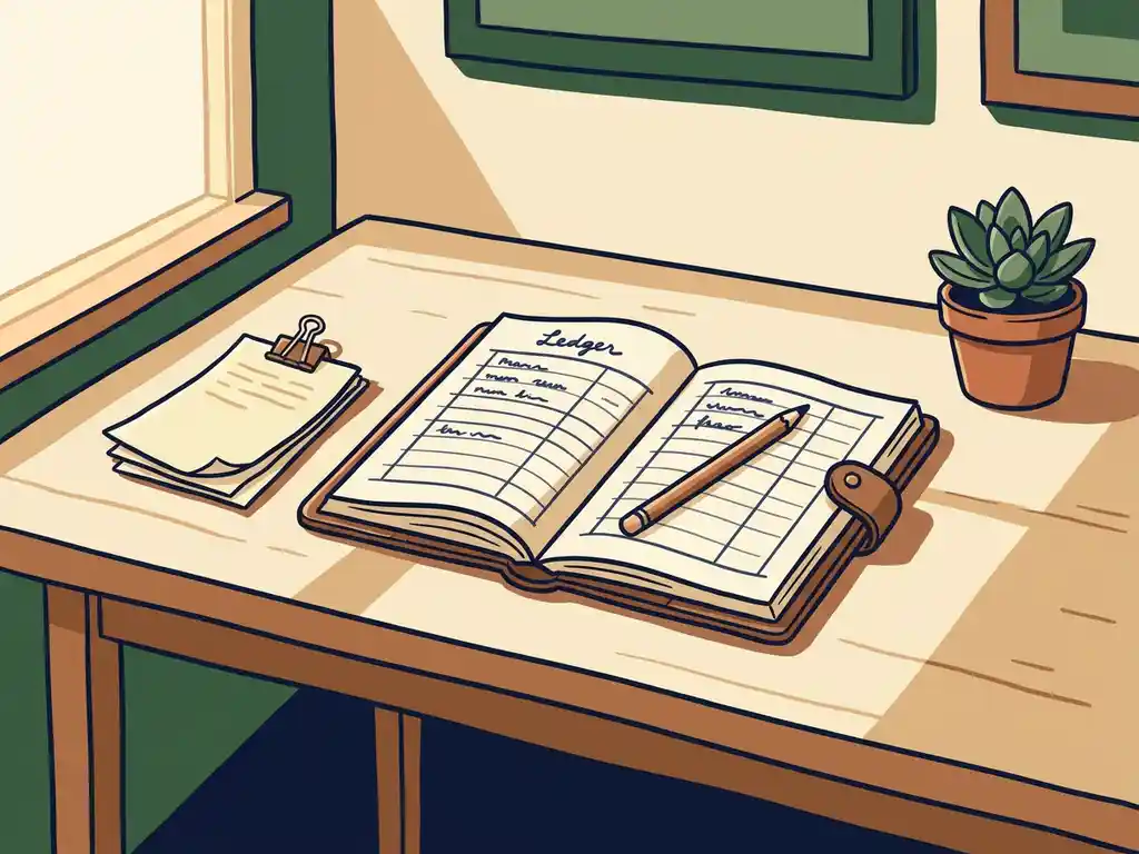 georganiseerd-bureau-kasboek-facturen-potlood.jpg Houten bureau met opengeslagen grootboek, facturen en potlood in warm ochtendlicht, rustieke administratie-opstelling met succulent.