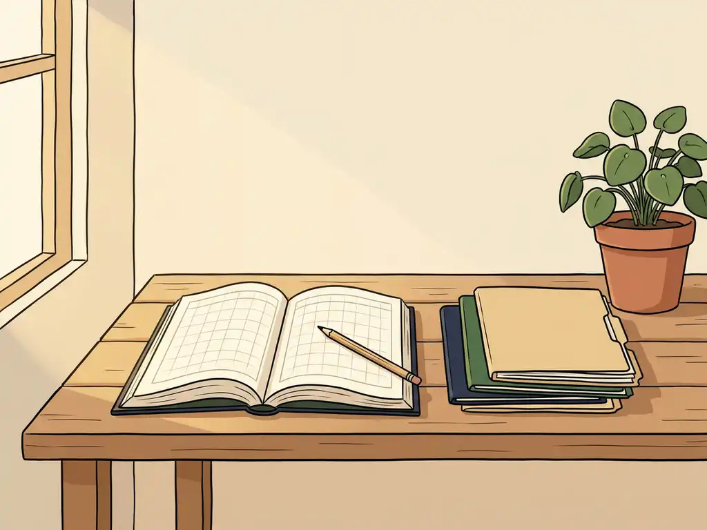 Houten bureau met open grootboek, georganiseerde mappen en potlood in warm ochtendlicht, rustieke illustratiestijl.