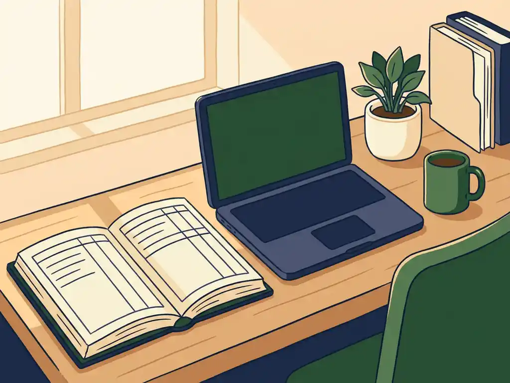 bureau-laptop-notitieboek-plant-koffie.jpg Opgeruimd houten bureau met open kasboek, laptop, groene plant, koffiemok en gestapelde mappen in warm ochtendlicht.