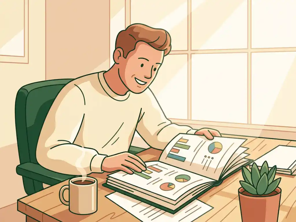 Zelfverzekerde ondernemer aan houten bureau bestudeert financieel rapport met grafieken, koffie en plant erbij, warm kantoor met natuurlijk licht.