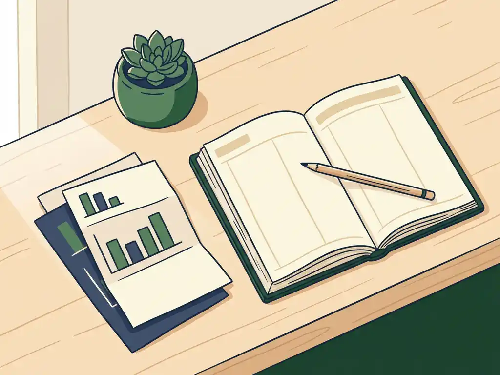 Houten bureau met open financieel grootboek, managementrapporten met staafdiagrammen, potlood en kleine vetplant in warm daglicht.
