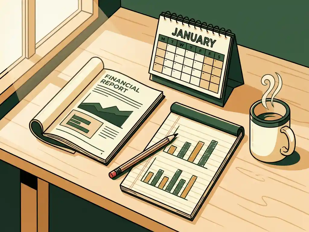 Houten bureau met open financieel rapport, kalender, potlood op gelinieerd papier met handgetekende staafdiagrammen en dampende koffiemok.