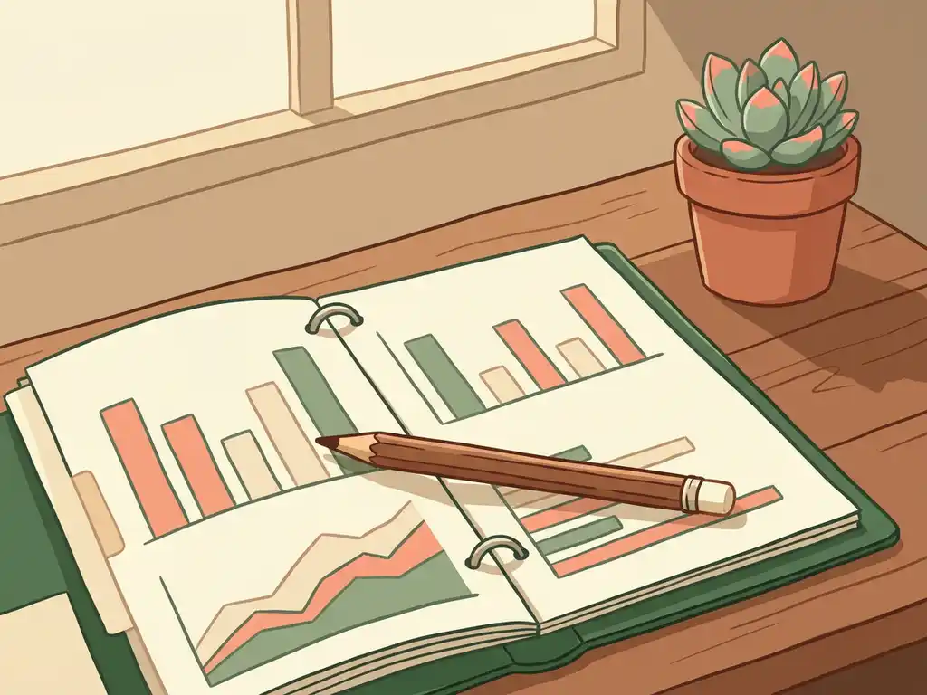 Houten bureau met open financieel rapport met grafieken, potlood en kleine vetplant in warme, gestileerde illustratiestijl.