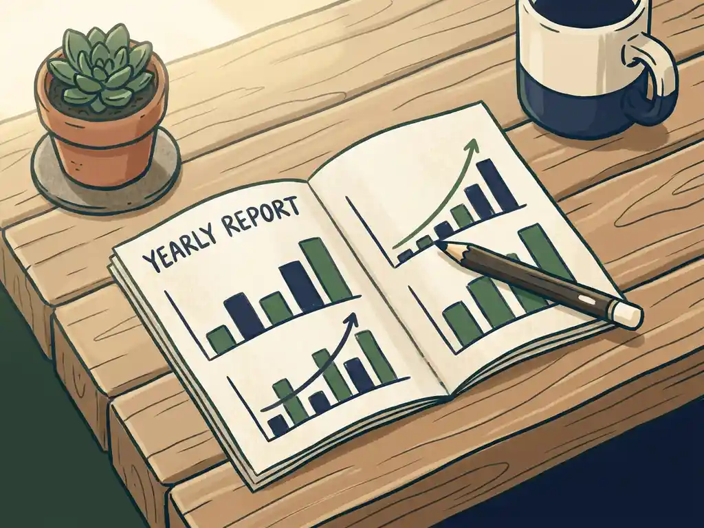 Houten bureau met opengeslagen financieel rapport met staafdiagrammen, potlood en vetplantje in warme tinten van crème en bosgroen.