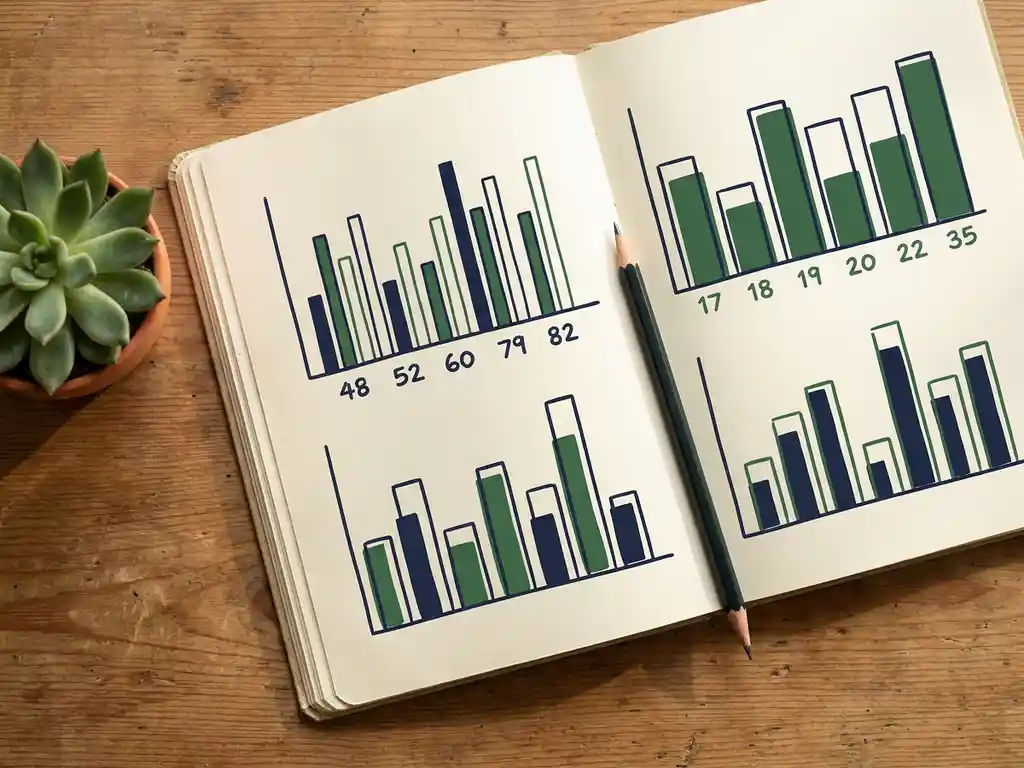 financiele-grafiek-notitieboek-potlood-bureau.jpg Open notitieboek met handgetekende staafdiagrammen en financiële cijfers op houten bureau, potlood en kleine succulent ernaast.