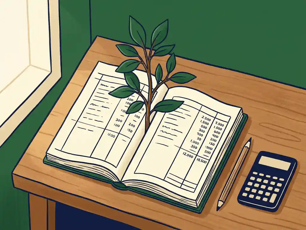 boekhouding-plant-groei-financien-bureau.jpg Kleine plant die opgroeit uit een open grootboek, met potlood en rekenmachine op een houten bureau in zacht ochtendlicht.