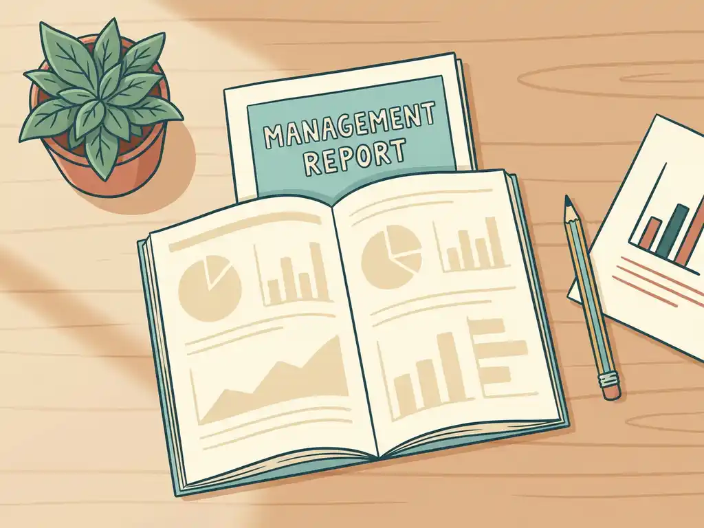 Houten bureau met open managementrapport, potplant, potlood en schets van staafdiagram in warme tinten, bovenaanzicht.