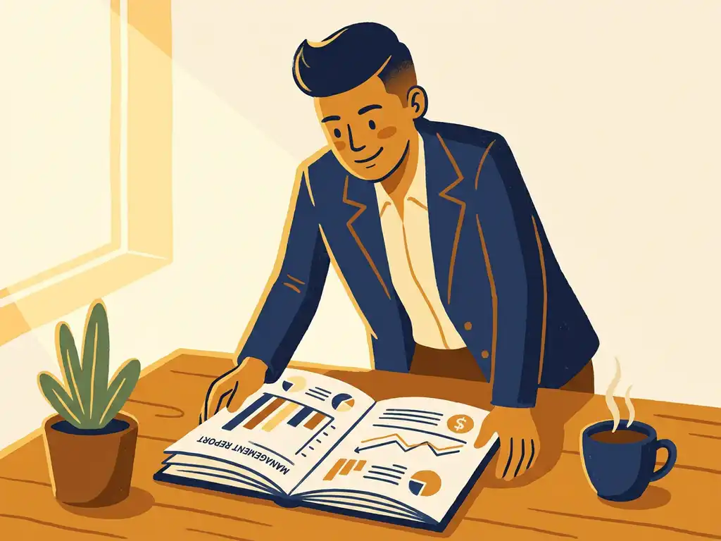 Ondernemer bekijkt managementrapport met staafdiagrammen aan een houten bureau, koffie en plant op de achtergrond.