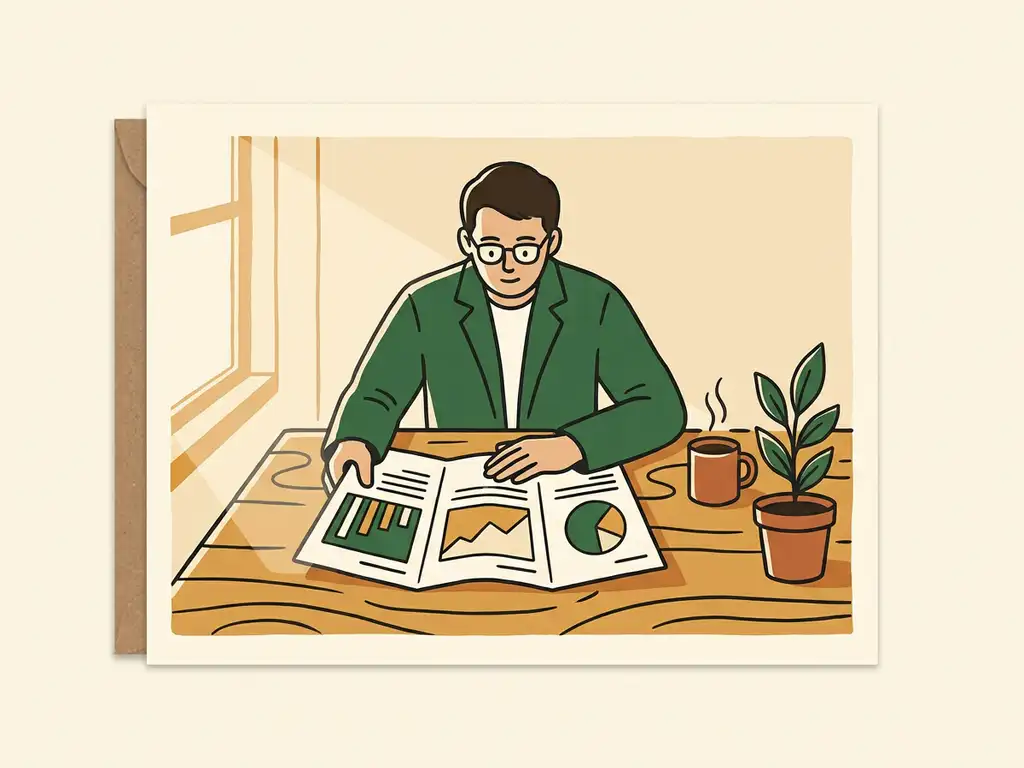 Ondernemer bestudeert uitgeprinte managementrapport met grafieken aan een houten bureau, kamerplant en koffiemok op de achtergrond.