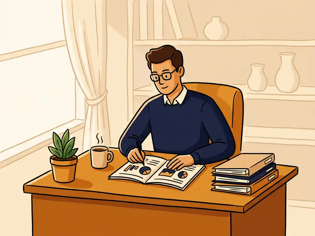 Ondernemer bekijkt managementrapport aan houten bureau met koffiemok, plant en documenten in warm verlicht kantoor.