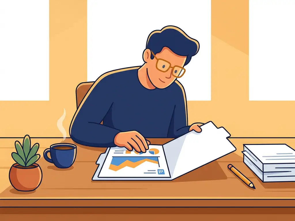 beheer-rapport-ondernemer-bureau-ochtend.jpg Ondernemer bestudeert managementrapport aan houten bureau met koffie, potplant en georganiseerde documenten in warm ochtendlicht.