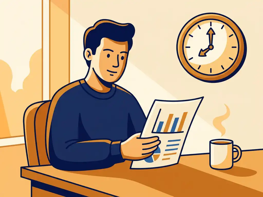 Ondernemer bekijkt managementrapport met grafieken aan houten bureau, dampende koffie en wandklok op de achtergrond, warm ochtendlicht.