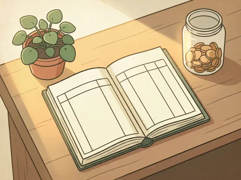financieel-beheer-spaarpot-bureau-plant.jpg Houten bureau met open grootboek, groene plant en glazen pot met munten in warm gouden licht.